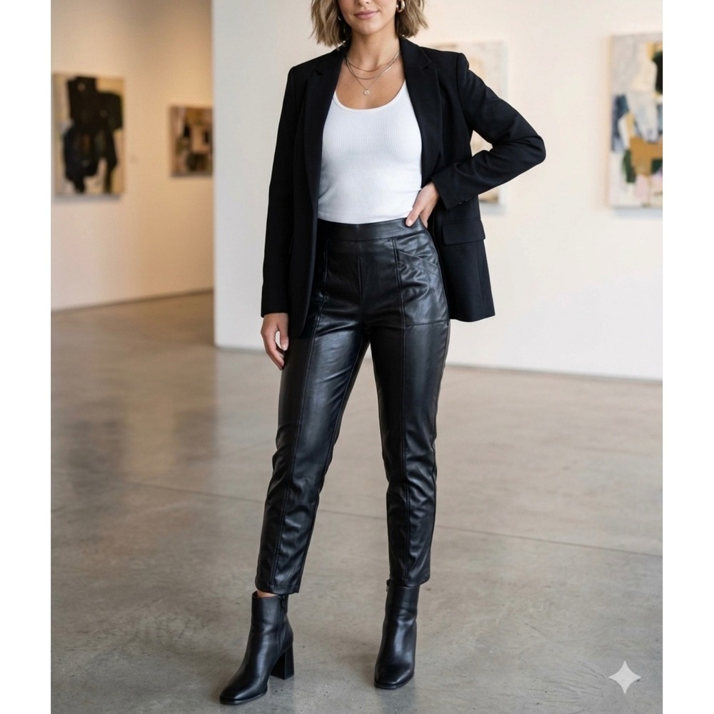 Halston Womens Black Faux Leather Tapered Seamed Pants Size M High Rise Edgy